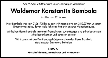 Traueranzeige von Waldemar Konstantin Bombala von vrm-trauer