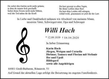 Traueranzeige von Willi Hach von vrm-trauer