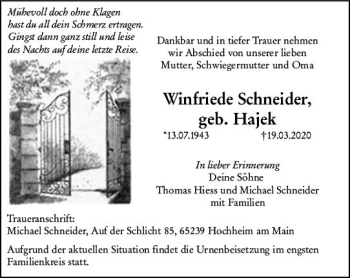 Traueranzeige von Winfriede Schneider von vrm-trauer