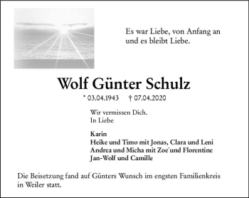 Traueranzeige von Wolf Günter Schulz von vrm-trauer