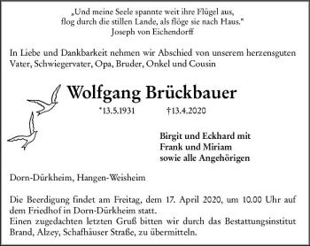 Traueranzeige von Wolfgang Brückbauer von vrm-trauer