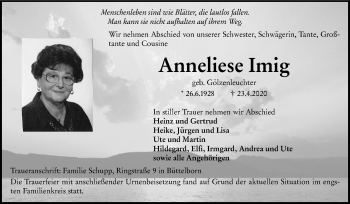 Traueranzeige von Anneliese Imig von VRM Tageszeitungen