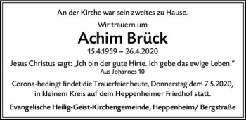 Traueranzeige von Achim Brück von vrm-trauer