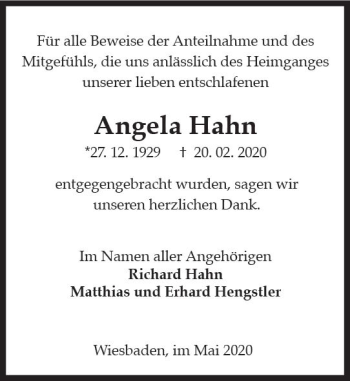Traueranzeige von Angela Hahn von vrm-trauer