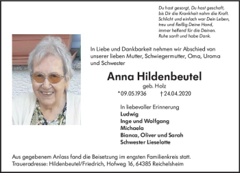 Traueranzeige von Anna Hildenbeutel von vrm-trauer