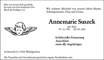 Traueranzeige von Annemarie Suszek von vrm-trauer