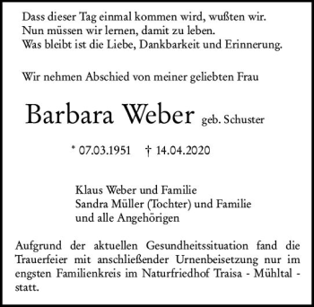 Traueranzeige von Barbara Weber von vrm-trauer