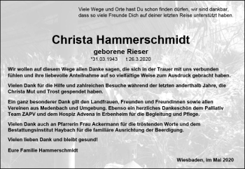 Traueranzeige von Christa Hammerschmidt von vrm-trauer