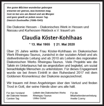 Traueranzeige von Claudia Köster-Kohlhaas von vrm-trauer