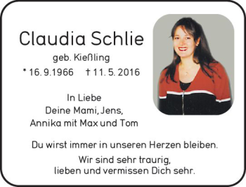 Traueranzeige von Claudia Schlie von vrm-trauer