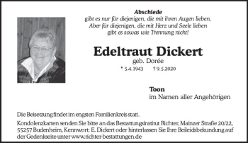 Traueranzeige von Edeltraut Dickert von vrm-trauer