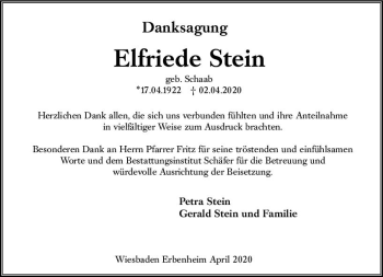 Traueranzeige von Elfriede Stein von vrm-trauer