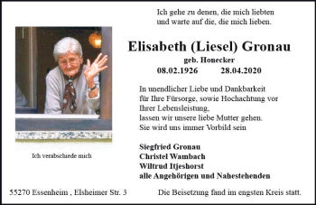 Traueranzeige von Elisabeth Gronau von vrm-trauer