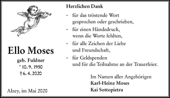Traueranzeige von Ello Moses von vrm-trauer