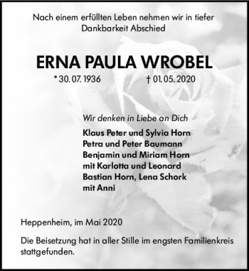 Traueranzeige von Erna Paula Wrobel von vrm-trauer