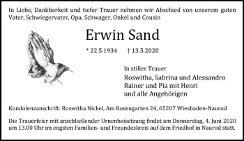 Traueranzeige von Erwin Sand von vrm-trauer
