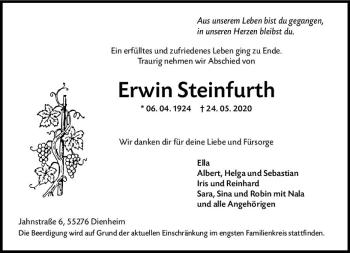 Traueranzeige von Erwin Steinfurth von vrm-trauer