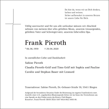 Traueranzeige von Frank Pieroth von vrm-trauer