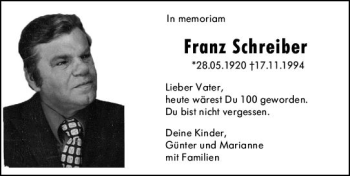 Traueranzeige von Franz Schreiber von vrm-trauer
