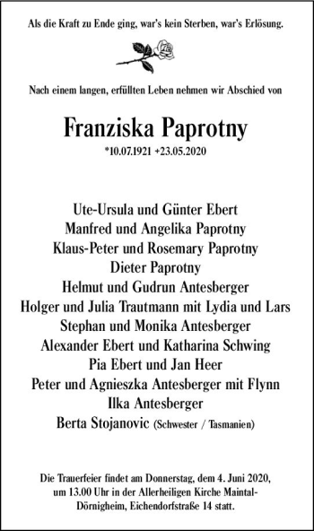 Traueranzeige von Franziska Paprotny von vrm-trauer