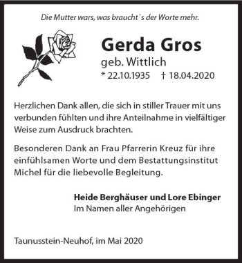Traueranzeige von Gerda Gros von vrm-trauer