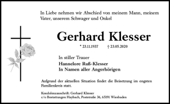 Traueranzeige von Gerhard Klesser von vrm-trauer