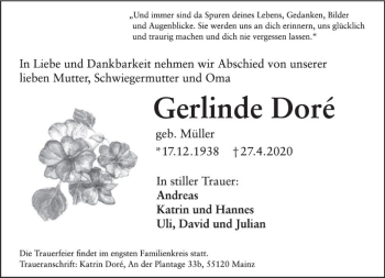 Traueranzeige von Gerlinde Dore von vrm-trauer