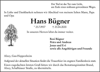 Traueranzeige von Hans Bügner von vrm-trauer
