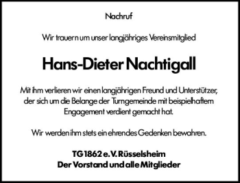 Traueranzeige von Hans-Dieter Nachtigall von vrm-trauer
