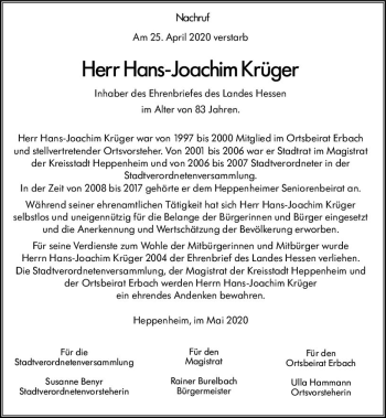 Traueranzeige von Hans-Joachim Krüger von vrm-trauer