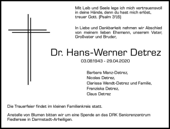 Traueranzeige von Hans-Werner Detrez von vrm-trauer