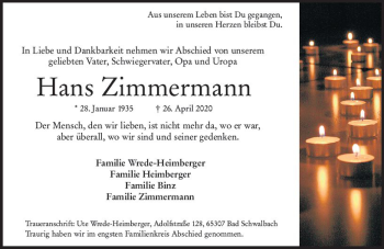 Traueranzeige von Hans Zimmermann von vrm-trauer