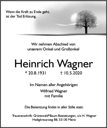 Traueranzeige von Heinrich Wagner von vrm-trauer