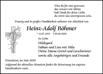 Traueranzeige von Heinz-Adolf Böhmer von vrm-trauer