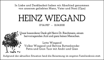 Traueranzeige von Heinz Wiegand von vrm-trauer