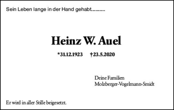 Traueranzeige von Heinz W. Auel von vrm-trauer