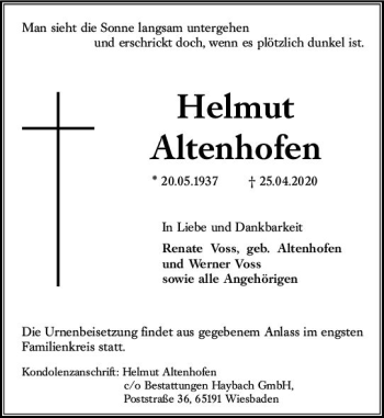 Traueranzeige von Helmut Altenhofen von vrm-trauer