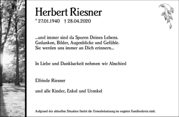 Traueranzeige von Herbert Riesner von vrm-trauer