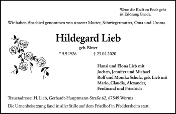 Traueranzeige von Hildegard Lieb von vrm-trauer