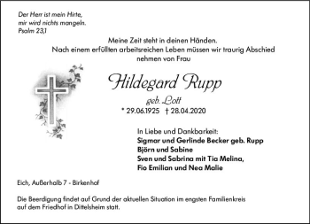 Traueranzeige von Hildegard Rupp von vrm-trauer