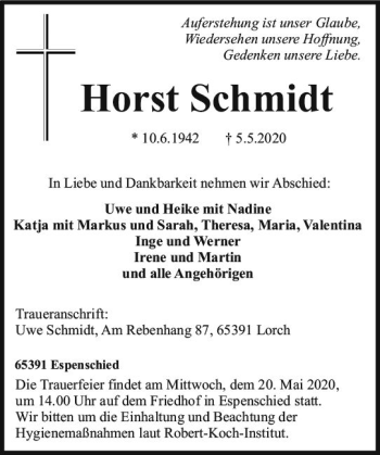 Traueranzeige von Horst Schmidt von vrm-trauer