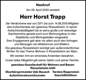 Traueranzeige von Horst Trapp von vrm-trauer