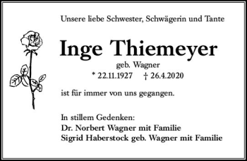 Traueranzeige von Inge Thiemeyer von vrm-trauer