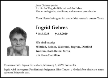 Traueranzeige von Ingrid Gehres von vrm-trauer