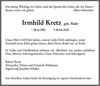 Traueranzeige von Irmhild Kretz von vrm-trauer