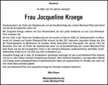 Traueranzeige von Jacqueline Kraege von vrm-trauer