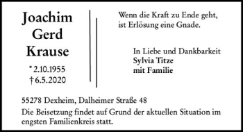 Traueranzeige von Joachim Gerd Krause von vrm-trauer