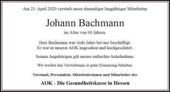 Traueranzeige von Johann Bachmann von vrm-trauer