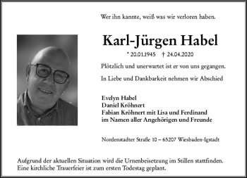 Traueranzeige von Karl-Jürgen Habel von vrm-trauer