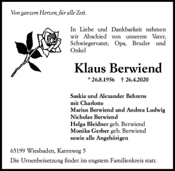 Traueranzeige von Klaus Berwiend von vrm-trauer